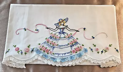 ONE Vintage Hand Embroidered Lady In Flowered Gown Queen Size Pillow Case (34 ) • $15.95
