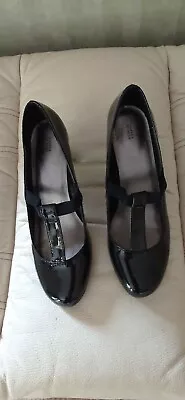 M&S Black Leather Patent T Bar Cone Heel Shoes UK 5.5 Excellent Condition • £9