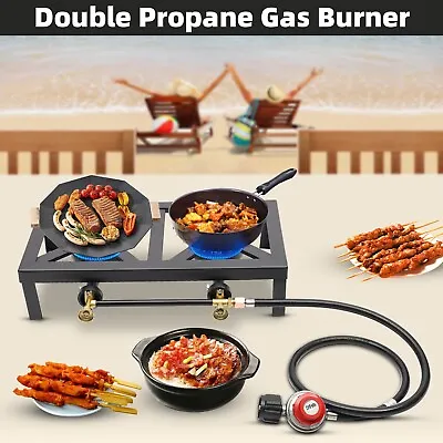 Double Propane Gas Burner Stove Camping BBQ Cooker Cooking With Regulator Hose • $38.95