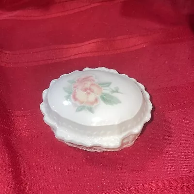 Vintage Milk Glass Trinket Box Pink Hibiscus Flower The Good Company 1989 • $16