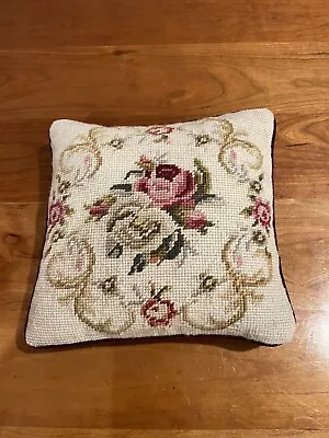 Small Irish Hand Embroidered Vintage Pillow Velvet Wool Roses Lovely Excellent • $55