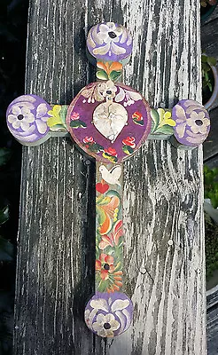 Painted Wood Cross 3D Mexico Handmade Milagro 11.5x7.5 Perpetuo Socorro Heart YP • $27.90