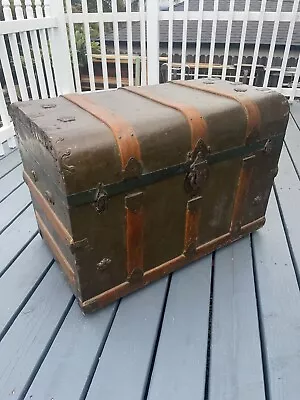 Antique Embossed Metal Oak Banded  Steamer Trunk Chest • $550