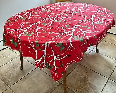 Vintage Handmade Christmas Linen Tablecloth Birch Tree Bow Rectangle 64  X 54” • $15.30