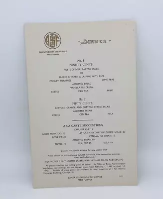 $18.99 • Buy 1943 Santa Fe Dining Car Dinner Menu Fred Harvey Service Single Sheet 8-11
