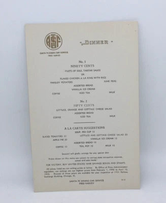 $17.50 • Buy 1943 Santa Fe Dining Car Dinner Menu Fred Harvey Service Single Sheet 8-11