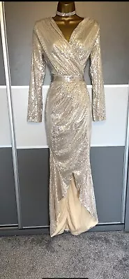 Elegant Sequin Evening Wedding Cruise Party Prom Cocktail Maxi Dress Sz 8/10 NEW • £39.99