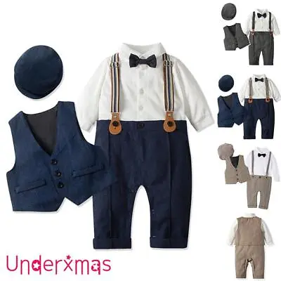 3PCS Baby Boy Gentleman Outfit Bowtie Jumpsuit + Vest + Hat Wedding Suit Set • £3.99