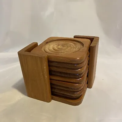 VTG MCM Dolphin Genuine Teakwood 9 Coaster Set-Original Holder - Thailand • $15.50