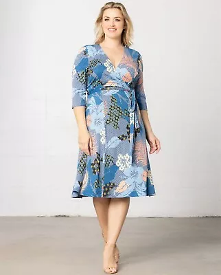 Kiyonna Essential Wrap Dress Blue Botanicals Print Plus Size 1X • $29.99