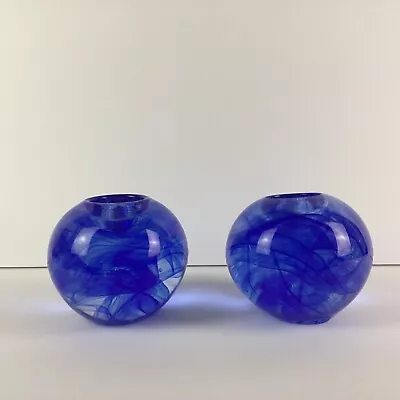 Kosta Boda Blue Moon Swirl Art Glass Votive Candle Holder Pair By Anna Ehrner. • $98