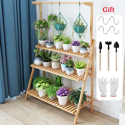 Bamboo Shelf Folding 3 Tier Ladder Book Plant Stand With Hanging Bar Multi Use • $47.93