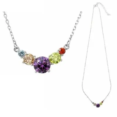 $22.99 • Buy Sterling Silver Necklace W/ Rainbow Multi Color CZ Stones V-Shape Pendant