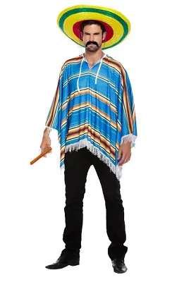 Mens Mexican Poncho Adult Western Bandit Fancy Dress Party Hawaiian Beach Stag • $19.08