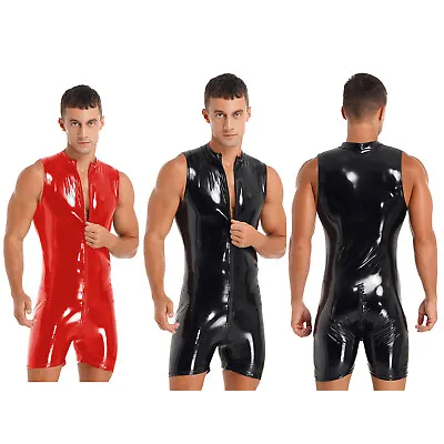 UK Men Patent Leather Bodysuit Mesh Splice Zipper Front Catsuit Clubwear Costume • £22.19