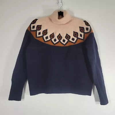 J Crew Women Large Fair Isle Turtleneck Sweater 100% Merino Wool Blue Diamond • $25.49