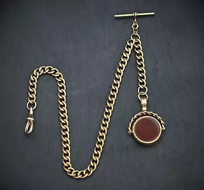 18ct Gold Plated Pocket Watch Albert Chain With Red Onyx Spinner • £44.99