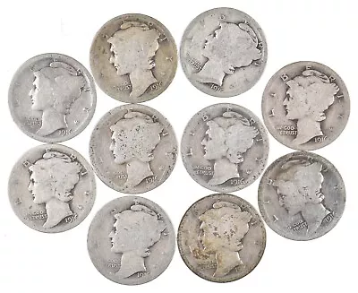 Lot Of 10 First Year 1916 P/S Mercury Head Silver Dime Collection 1/5 Roll *239 • $20.50