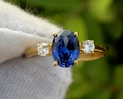 Lab Created Blue Sapphire 2.3Ct Oval Cut Three-Stone Ring 14K Yellow Gold Plated • $148