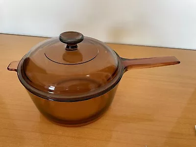 Vintage Vision Corning 2.5L Covered Sauce Pan With Lid & Spout Made In USA Amber • $34.95