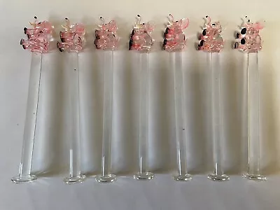 7 Vintage Glass Swizzle Sticks Pink Elephants Cocktail Drink Stirrers • $33.99