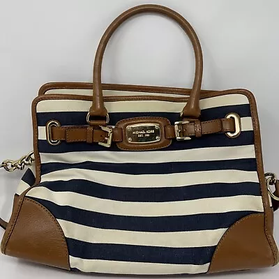 MICHAEL KORS Large Hamilton Tote Navy White Stripe Purse Shoulder Handbag • $46.55