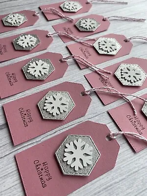 £3.45 • Buy Handmade Christmas Gift Tags - White Wooden Snowflake On Pink Tags Xmas Set 10