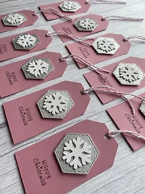 Handmade Christmas Gift Tags - White Wooden Snowflake On Pink Tags Xmas Set 10 • £3.75