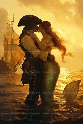 MERMAID AND PIRATE KISS FINE ART PRINT Wall Decor Poster Siren Pirate Painting • $7.95