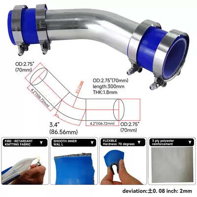 45 Degree 70mm 2.75  Aluminum Turbo Intercooler Pipe+Silicone Hose+Clamps Blue • $51.69