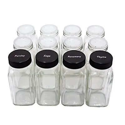 12 Pieces Of French Square Glass Spice Bottles 6 Oz Spice Jars With Black Pla... • $22.58