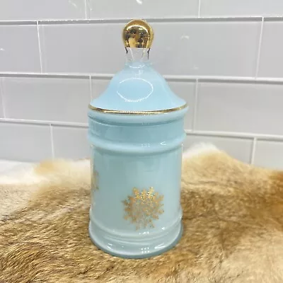Vintage Mid Century Modern Blue Glass Jar Apothecary W/ Gold Gilt • $22