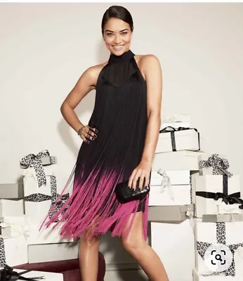 £95 • Buy Karen Millen Dip Dye Fringed Mini Dress, Black/Pink Size UK 8