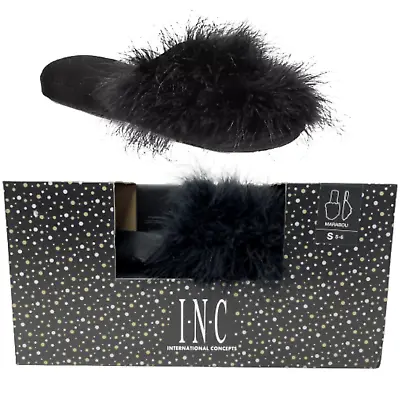 Inc Slippers Size Small 5-6 Womens Faux Marabou Black Mule Slides Comfort • £18.52