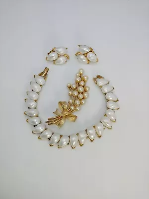 Trifari Crown Faux Pearl Naiad Bracelet Clip Earrings Brooch Vintage Jewelry Lot • $99.55