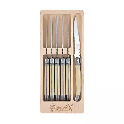 6pc Laguiole Silhouette Stainless Steel Steak Knife Set W/ Wooden Box Ivory • $53