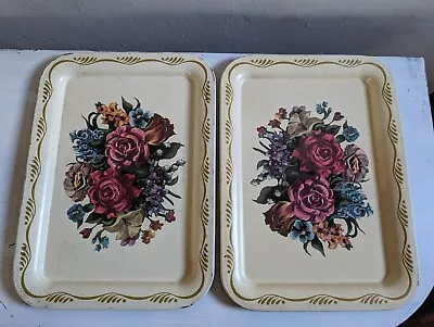 Set Of 2 VTG Metal Serving Trays MCM TV Tray Cream And Gold With Flowers No Legs • $14.25