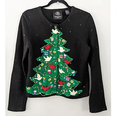 Michael Simon Embellished Bird Christmas Tree Cardigan Black Size Small • $100