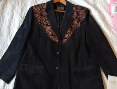 Scully Black Leather Saddle Scroll Embroidery Trim Jacket Blazer 48 XL • $165