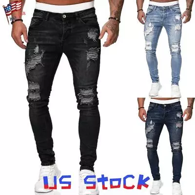 Mens Elastic Waist Ripped Jeans Stretch Denim Distressed Slim Fit Pants Trouser • $37.19