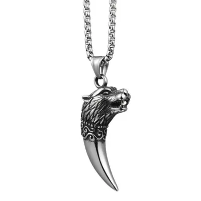 Mens Viking Wolf Head Tooth Teeth Pendant Necklace Stainless Steel Chain • $13.49