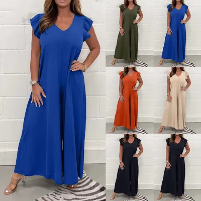 Women Wide Leg Jumpsuit Palazzo V Neck Frill Playsuit Ladies Casual Romper Pants • £16.59