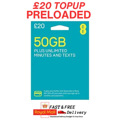 EE 50GB Data Sim Inc. £20 Top-up Gives 50GBUnlimited Mins & Texts Ee/ee Simcard • £16.99