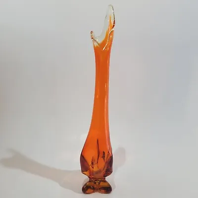 Stunning Vintage MCM Viking Glass Persimmon Orange Three Foil Toe Swung Vase 21” • $149.88