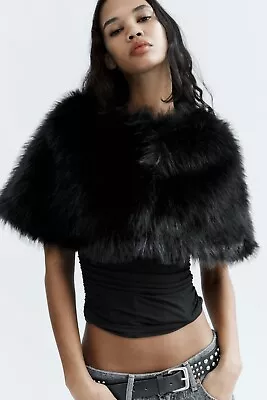 NWT ZARA Classy Cropped Cape With Faux Fur Black Size M 1255/850 • $59.90