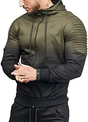 Sports Full Zipper Gradient Print Shoulder Pleated Hoodie SizeM Color:ARMY GREEN • £18.99