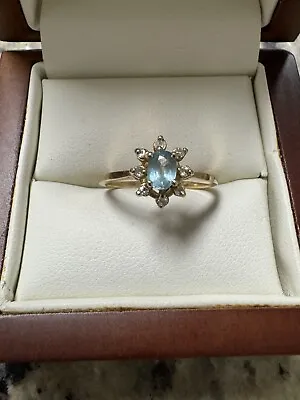 14k Gold Vintage Aquamarine Diamond Ring Jewelry Antique Style Halo • $190