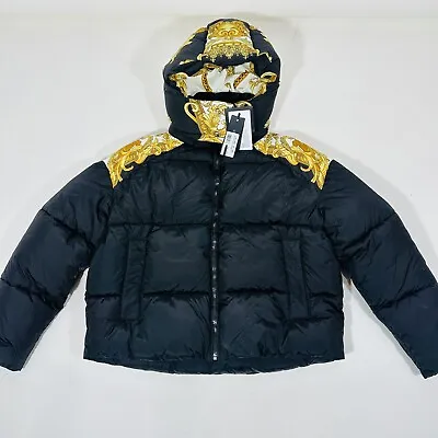 Versace Medusa Barocco Puffer Black Gold Jacket Removable Hoodie 40/4 NWT $2250 • $1238.12