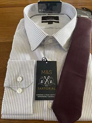 M&S Sartorial Superior Cotton Shirt & Tie Size 18.5  Tailored Fit Blue • £34.95