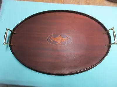 Beautiful Mahogany Oval Serving Tray With Brass Handles And Elegant Inlay • $32.50